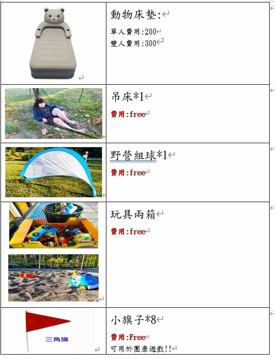 露營器材,租借清單,苗栗露營